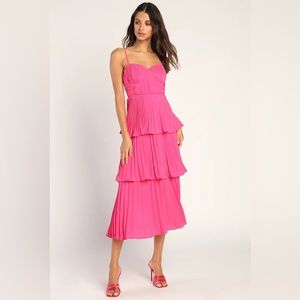 NWT Cascading Crush Hot Pink Tiered Bustier Midi Dress